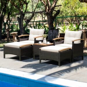 VelouraLiving 5-Piece Outdoor Rattan Sofa Set with Ottomans & Wood-Top Table – Cushioned Patio Lounge Furniture