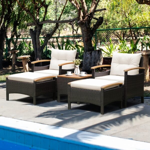 VelouraLiving 5-Piece Outdoor Rattan Sofa Set with Ottomans & Wood-Top Table – Cushioned Patio Lounge Furniture