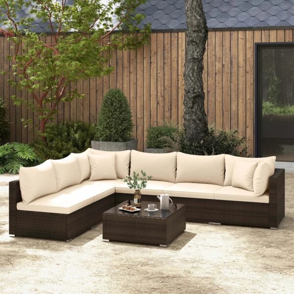 VelouraLiving 7-Piece Outdoor PE Rattan Sectional Sofa Set with Cushions & Glass Coffee Table – Brown Garden Patio Lounge Furniture - Image 4