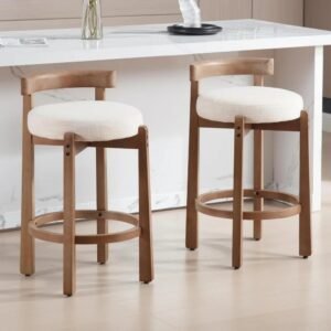 Modern Linen Upholstered Bar Stools Set of 2 – 26.5" Counter Height Chairs with Backrest, Solid Wood Legs & Circular Footrest