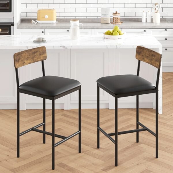 Bar Stools Set of 2 – Upholstered Counter Height Chairs with Backrest & Footrest – Retro Brown MDF Wood Seat & Metal Frame - Image 3