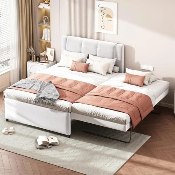 VelouraLiving Full Size Linen Upholstered Platform Bed with Trundle & Headboard - Image 2