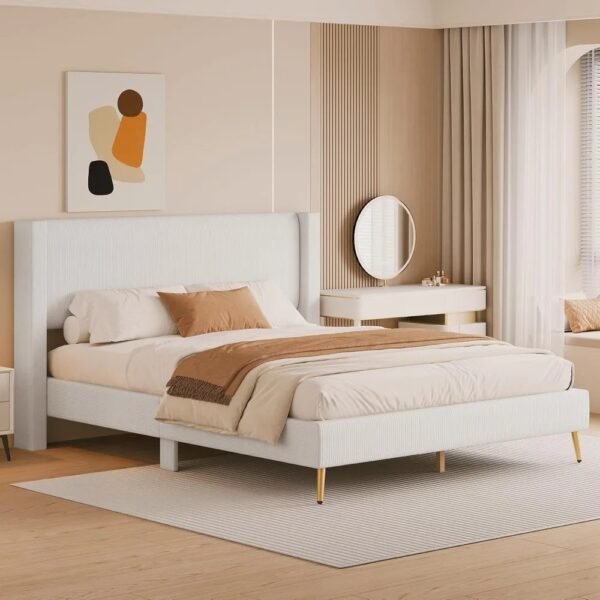 VelouraLiving Corduroy Upholstered Platform Bed with Metal Legs & Headboard – Strong Wooden Slats - Image 2