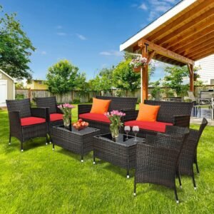 VelouraLiving 8-Piece Patio Rattan Conversation Set with Cushions – Outdoor Sofa, Loveseat & Coffee Table Set