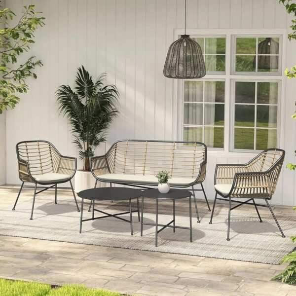 VelouraLiving 5-Piece Outdoor Wicker Patio Conversation Set with Cushions & Coffee Tables – Boho-Style Seating for Garden, Deck, or Balcony - Image 3