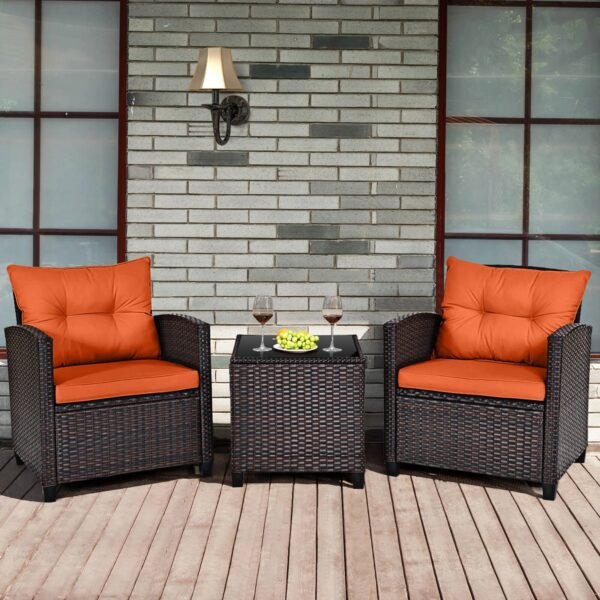 VelouraLiving 3-Piece Outdoor Rattan Conversation Set with Cushions & Glass Coffee Table – Orange Accent Patio Furniture - Image 3
