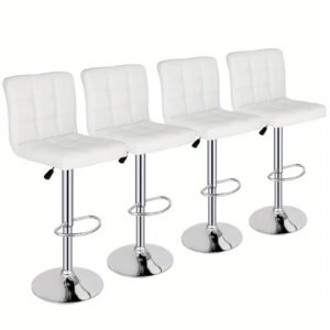 Set of 4 Adjustable PU Leather Bar Stools – Swivel Counter Height Chairs with Backrest, Pedal & Anti-Scratch Base – White