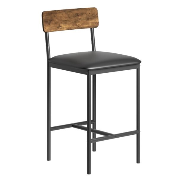 Bar Stools Set of 2 – Upholstered Counter Height Chairs with Backrest & Footrest – Retro Brown MDF Wood Seat & Metal Frame - Image 2