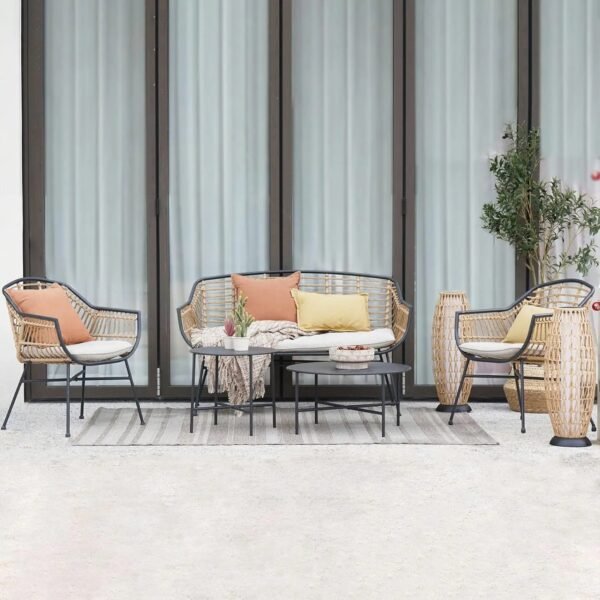 VelouraLiving 5-Piece Outdoor Wicker Patio Conversation Set with Cushions & Coffee Tables – Boho-Style Seating for Garden, Deck, or Balcony - Image 2
