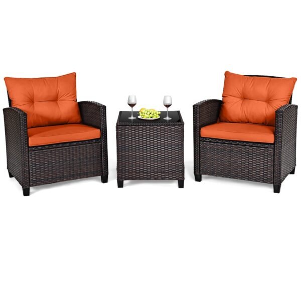 VelouraLiving 3-Piece Outdoor Rattan Conversation Set with Cushions & Glass Coffee Table – Orange Accent Patio Furniture - Image 2
