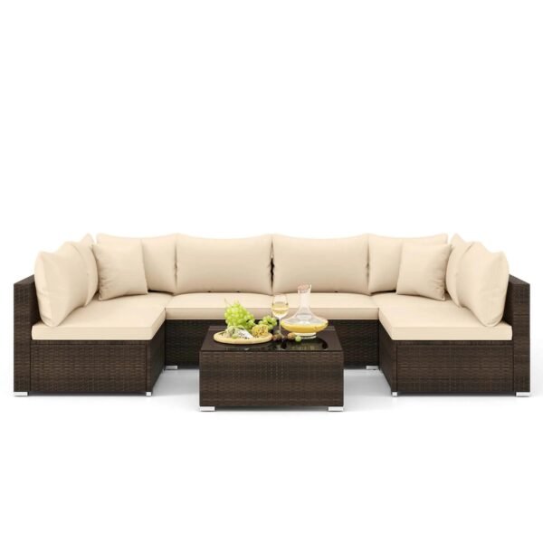 VelouraLiving 7-Piece Outdoor PE Rattan Sectional Sofa Set with Cushions & Glass Coffee Table – Brown Garden Patio Lounge Furniture - Image 3