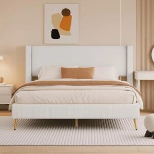 VelouraLiving Corduroy Upholstered Platform Bed with Metal Legs & Headboard – Strong Wooden Slats