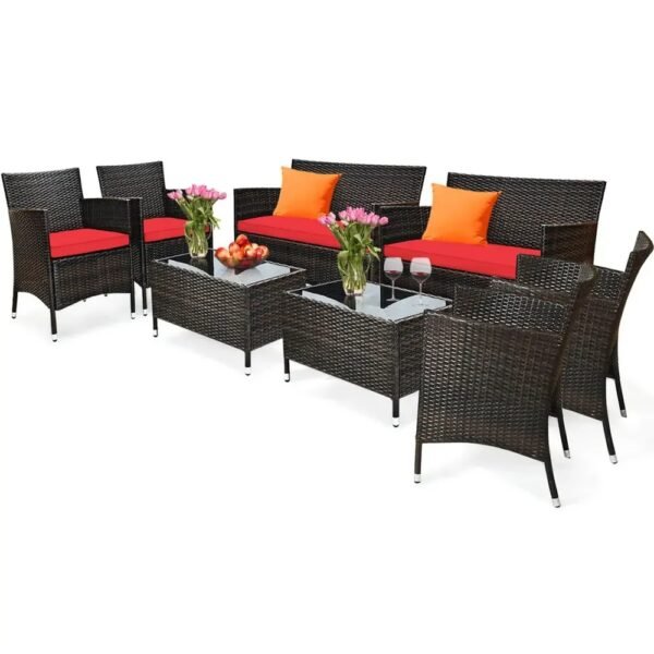 VelouraLiving 8-Piece Patio Rattan Conversation Set with Cushions – Outdoor Sofa, Loveseat & Coffee Table Set - Image 4
