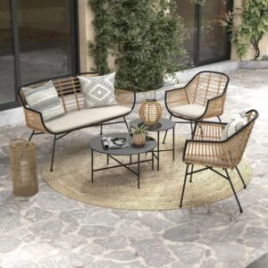 VelouraLiving 5-Piece Outdoor Wicker Patio Conversation Set with Cushions & Coffee Tables – Boho-Style Seating for Garden, Deck, or Balcony
