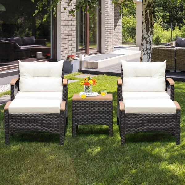 VelouraLiving 5-Piece Outdoor Rattan Sofa Set with Ottomans & Wood-Top Table – Cushioned Patio Lounge Furniture - Image 3