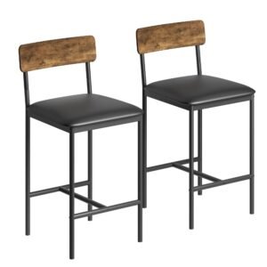Bar Stools Set of 2 – Upholstered Counter Height Chairs with Backrest & Footrest – Retro Brown MDF Wood Seat & Metal Frame