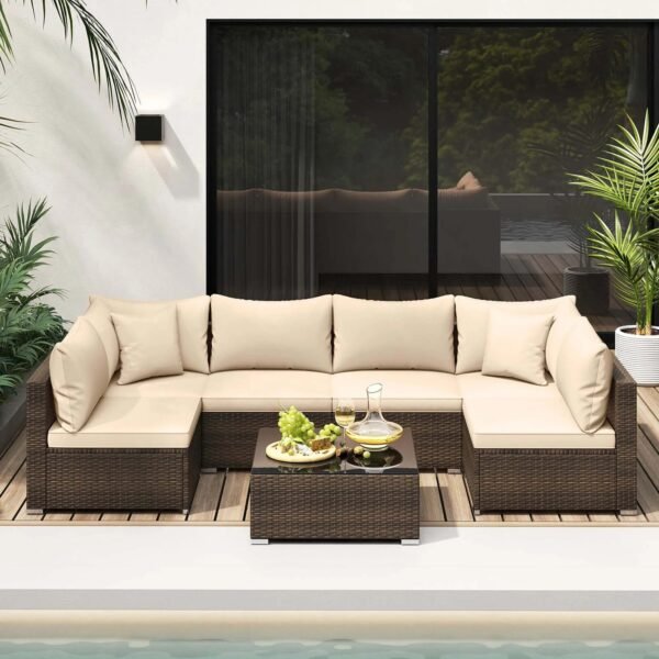 VelouraLiving 7-Piece Outdoor PE Rattan Sectional Sofa Set with Cushions & Glass Coffee Table – Brown Garden Patio Lounge Furniture - Image 2