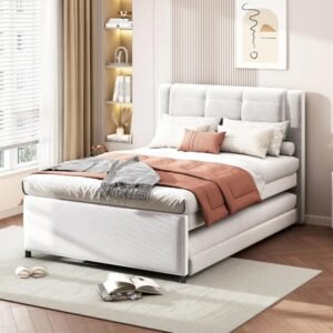 VelouraLiving Full Size Linen Upholstered Platform Bed with Trundle & Headboard