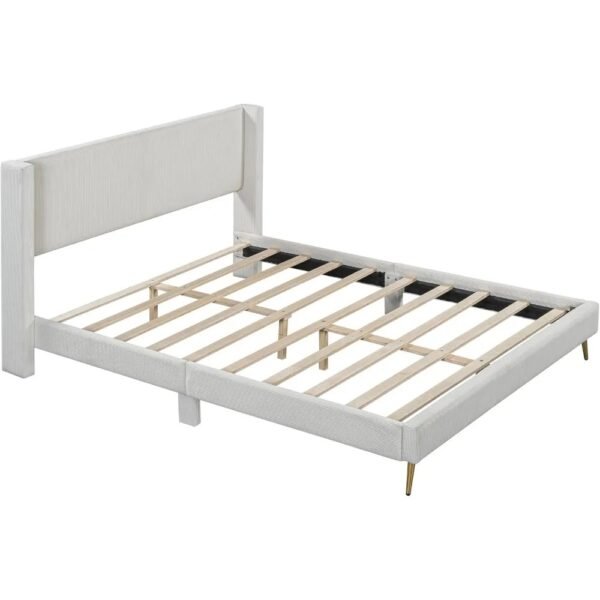 VelouraLiving Corduroy Upholstered Platform Bed with Metal Legs & Headboard – Strong Wooden Slats - Image 3