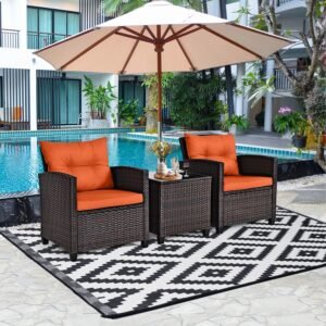 VelouraLiving 3-Piece Outdoor Rattan Conversation Set with Cushions & Glass Coffee Table – Orange Accent Patio Furniture