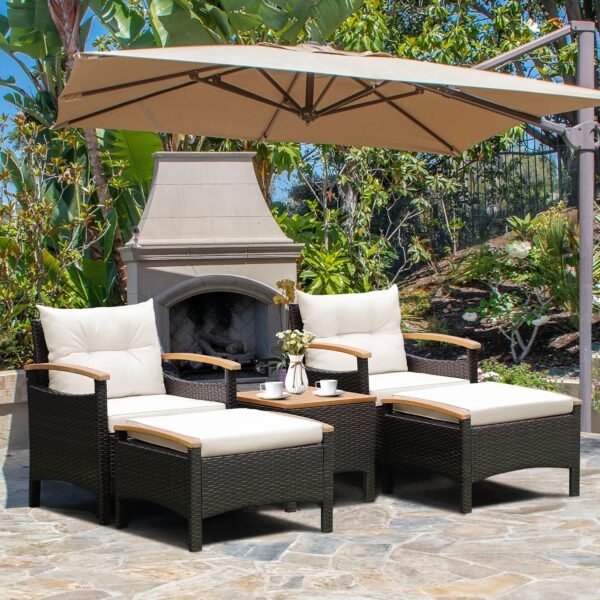 VelouraLiving 5-Piece Outdoor Rattan Sofa Set with Ottomans & Wood-Top Table – Cushioned Patio Lounge Furniture - Image 2