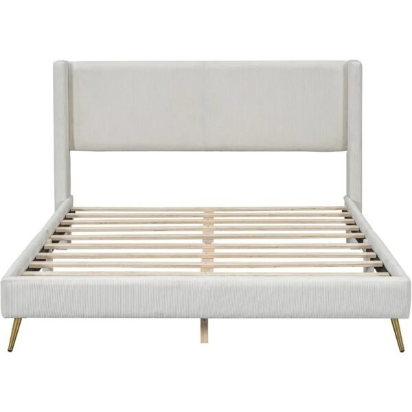 VelouraLiving Corduroy Upholstered Platform Bed with Metal Legs & Headboard – Strong Wooden Slats - Image 4