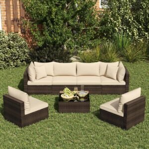 VelouraLiving 7-Piece Outdoor PE Rattan Sectional Sofa Set with Cushions & Glass Coffee Table – Brown Garden Patio Lounge Furniture