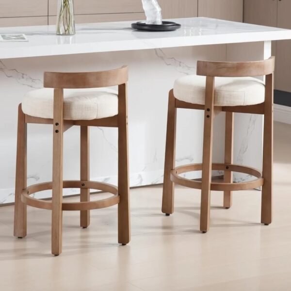 Modern Linen Upholstered Bar Stools Set of 2 – 26.5" Counter Height Chairs with Backrest, Solid Wood Legs & Circular Footrest - Image 2