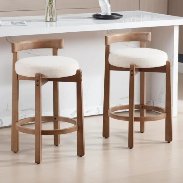 Modern Linen Upholstered Bar Stools Set of 2 – 26.5" Counter Height Chairs with Backrest, Solid Wood Legs & Circular Footrest - Image 3